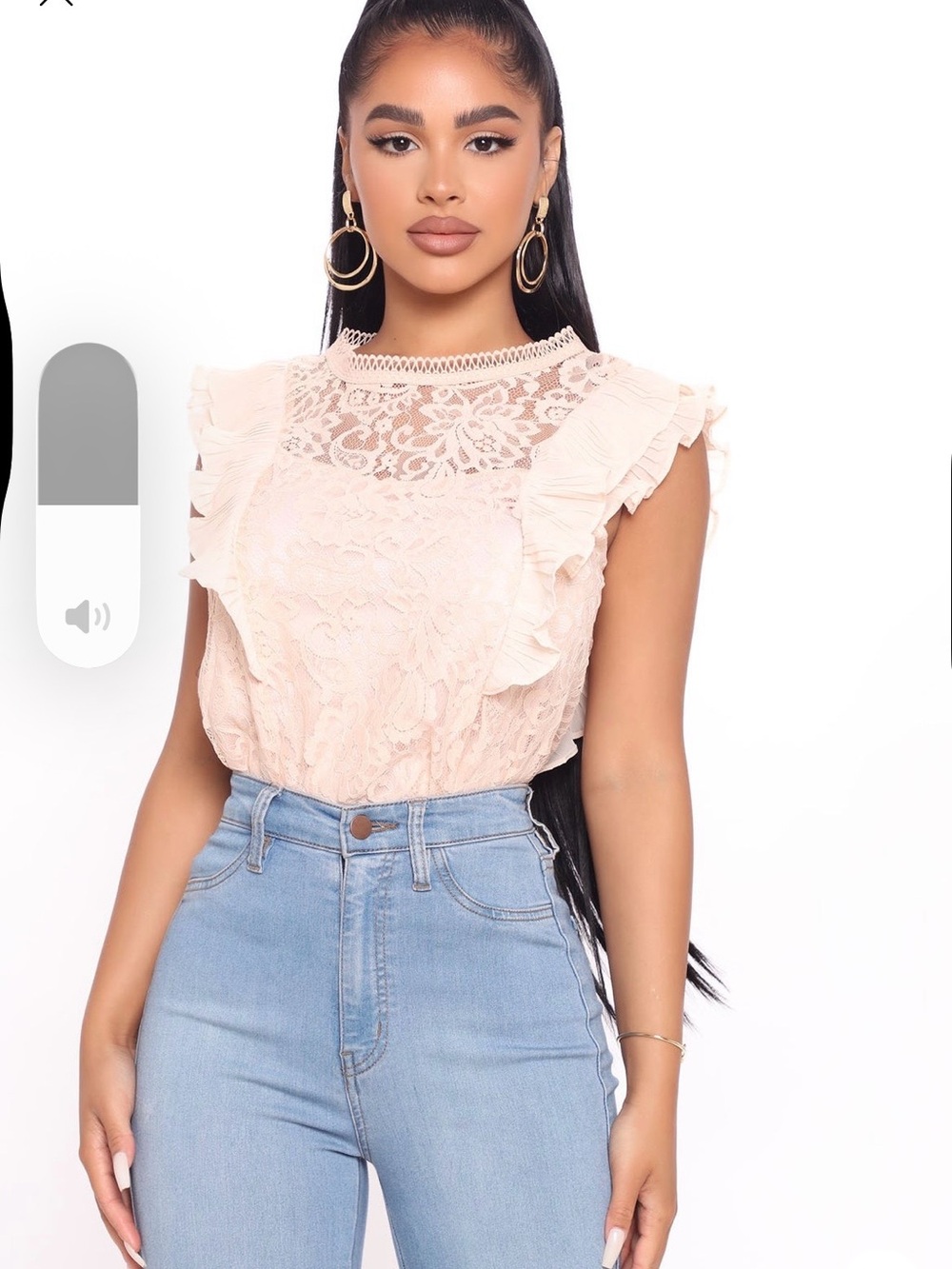 Haute Monde Pale Blush Lace Ruffle Shoulder Mock Neck Top